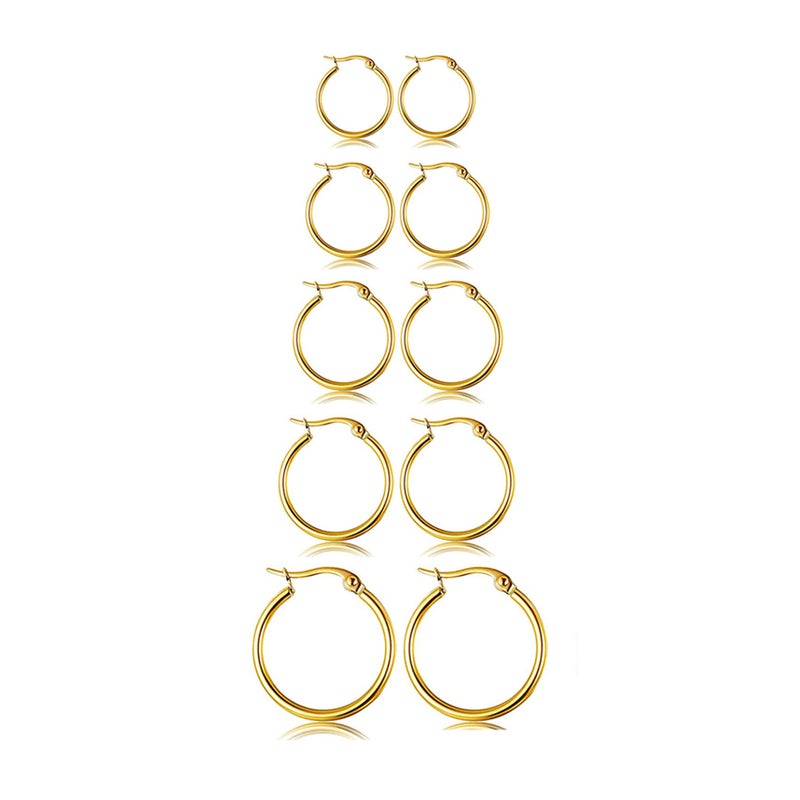 BMMYE 5 Pairs Small Gold Hoop Earrings for Women, Stainless Steel Hoops Set with 14 Karat Gold Plated, Mens Lightweight Thin Hypoallergenic Nickel Free Cartilage Earings - Image 1