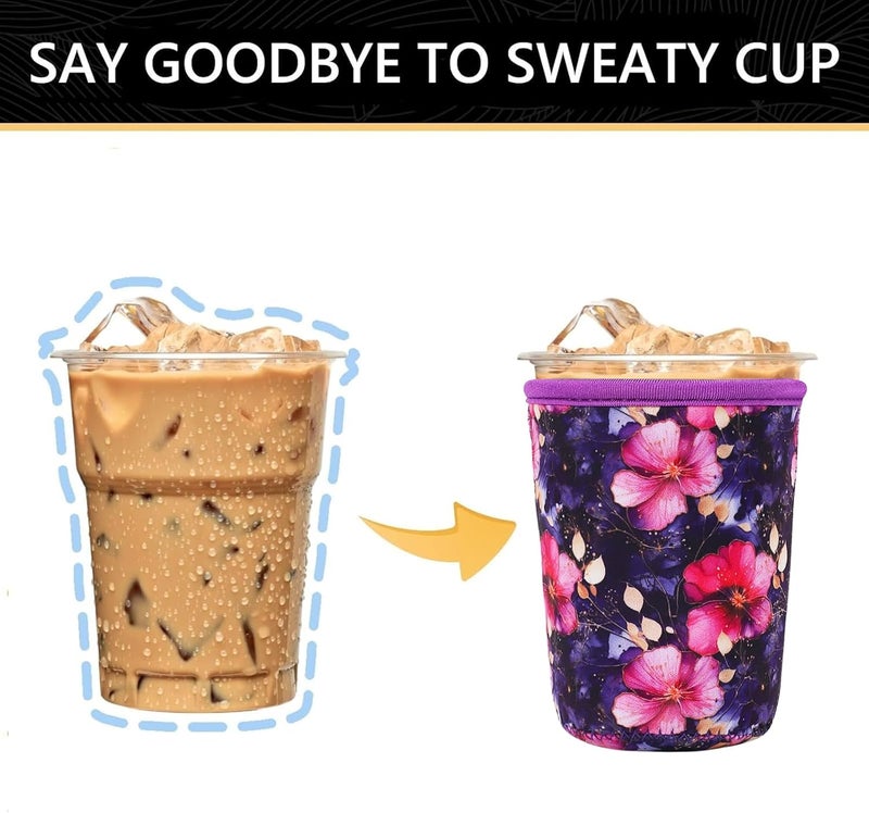 واي آر Reusable Neoprene Insulator Sleeve for Iced Coffee Cups, 3 Pack Coffee Coolies sleeves for Iced u0026 Hot Drinks, Cold Beverage Cooler Compatible with Starbucks Coffee and More (Fuchsia Floral) - Image 3