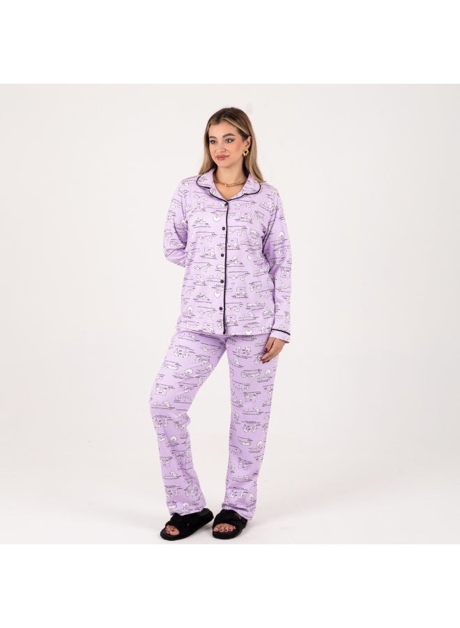 زيكوتكس  بيچامة نسائية طويلة من خامة ميلتون ناعمة بطبعة كرتونية – لون بنفسجي أنيق ومريح - Image 3