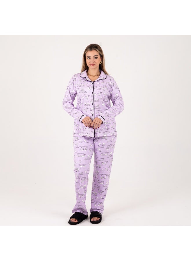 زيكوتكس  بيچامة نسائية طويلة من خامة ميلتون ناعمة بطبعة كرتونية – لون بنفسجي أنيق ومريح - Image 1