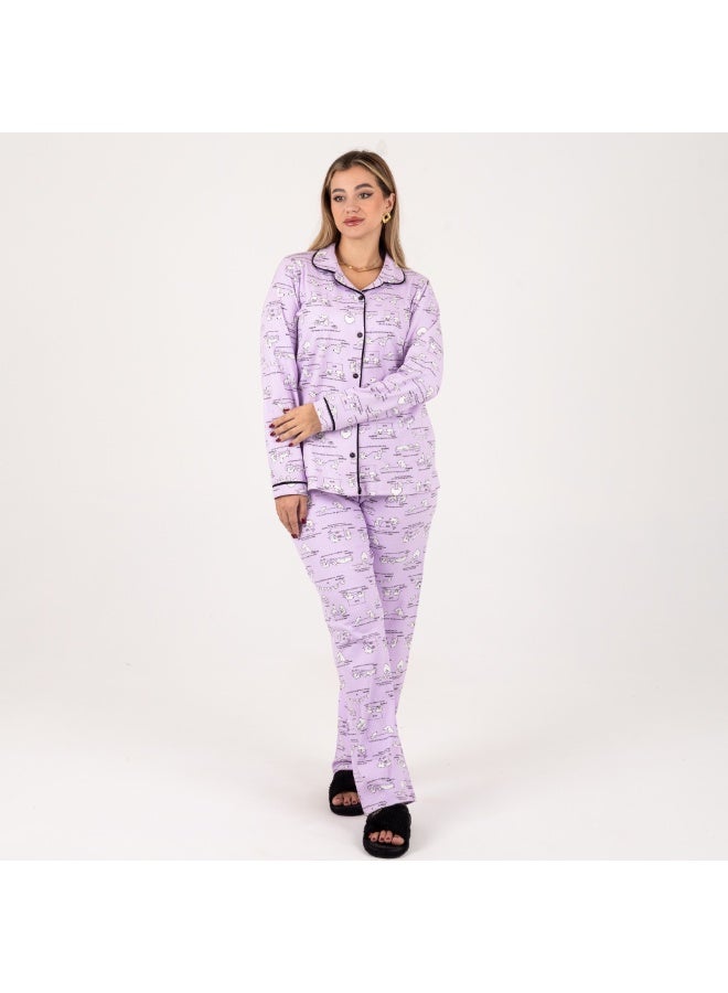 زيكوتكس  بيچامة نسائية طويلة من خامة ميلتون ناعمة بطبعة كرتونية – لون بنفسجي أنيق ومريح - Image 2