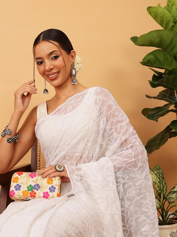 Ada Hand Embroidered Lucknowi Chikankari Georgette Saree for Women with Unstitched Blouse Piece A311382 White - Image 3