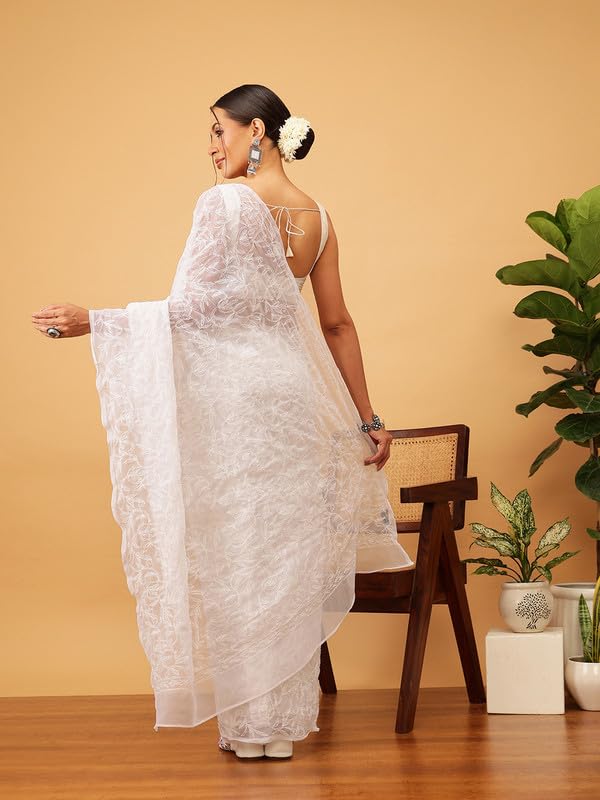 Ada Hand Embroidered Lucknowi Chikankari Georgette Saree for Women with Unstitched Blouse Piece A311382 White - Image 2