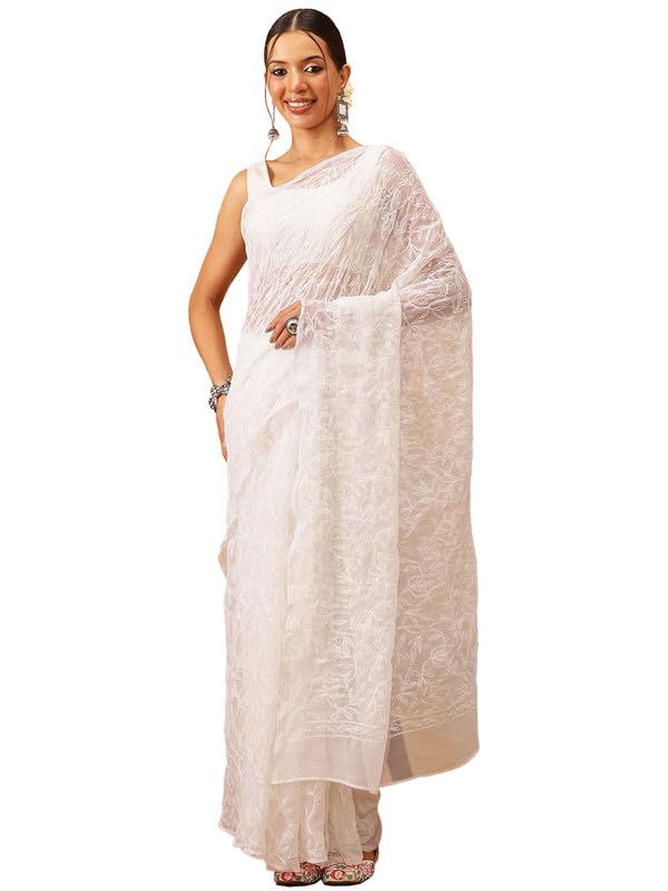 Ada Hand Embroidered Lucknowi Chikankari Georgette Saree for Women with Unstitched Blouse Piece A311382 White - Image 1