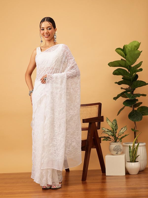 Ada Hand Embroidered Lucknowi Chikankari Georgette Saree for Women with Unstitched Blouse Piece A311382 White - Image 4