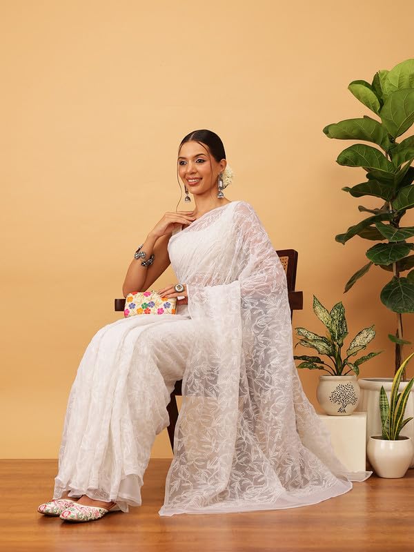 Ada Hand Embroidered Lucknowi Chikankari Georgette Saree for Women with Unstitched Blouse Piece A311382 White - Image 5