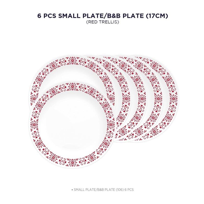 SKOODLE CORELLE Livingware Red Trellis 17 cm Small Plate, Lightweight & Durable, Made of Vitrelle Glass, Microwave & Dishwasher Safe, Elegant Crockery for Dining & Gifting - Set of 6 - Image 3
