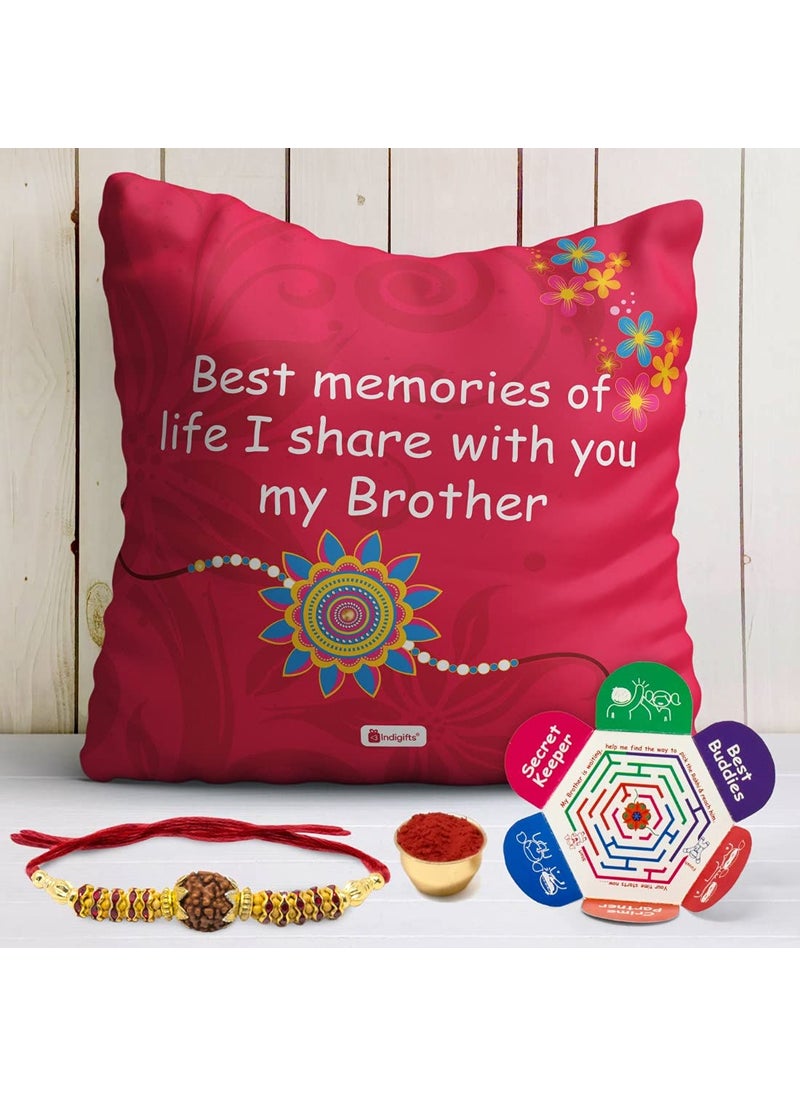 Indigifts Indigifts Crystal Rakhi with Micro Satin Printed Cushion Cover with Filler 12x12 inch and Roli and Chawal for Brother, Rakhi Gift for Brother, Rakshabandhan Gift for Bhai  - Image 2