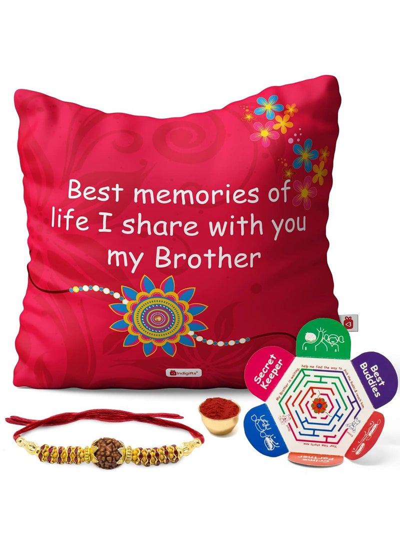 Indigifts Indigifts Crystal Rakhi with Micro Satin Printed Cushion Cover with Filler 12x12 inch and Roli and Chawal for Brother, Rakhi Gift for Brother, Rakshabandhan Gift for Bhai  - Image 1