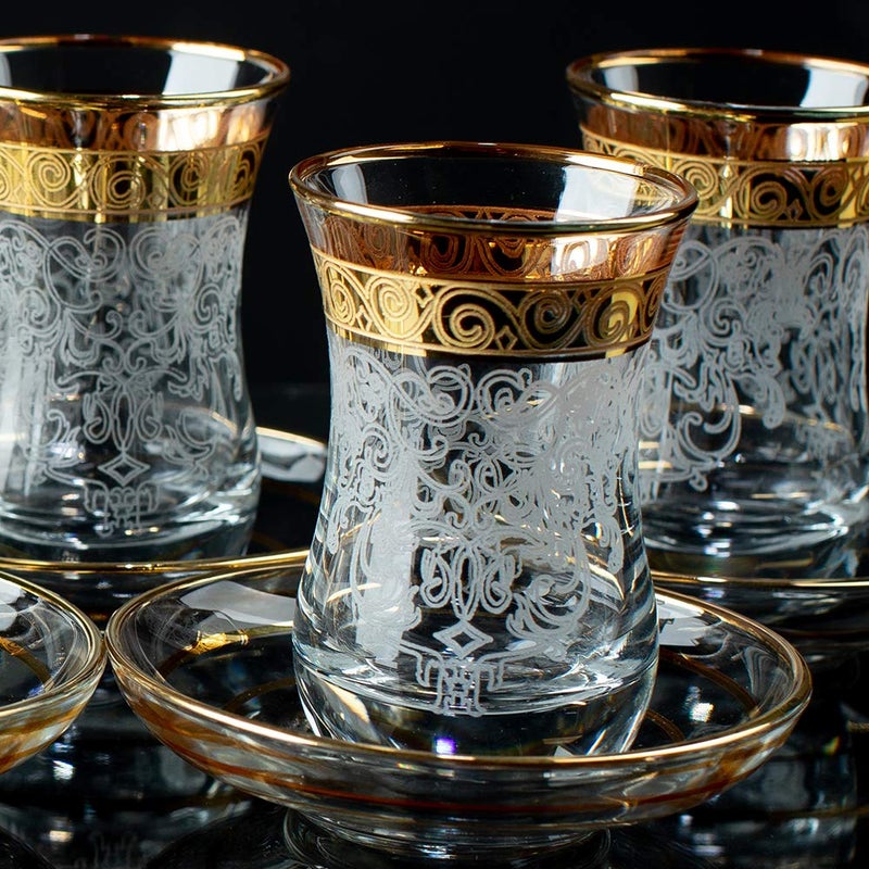 Vissmarta Vintage Turkish Tea Glasses Cups Saucers Set of 6 for Women Glassware Drinking Party Arabic Style Teacups Moroccan Persian Coffee Adults Fancy Decorative Tray Gold Drinkware