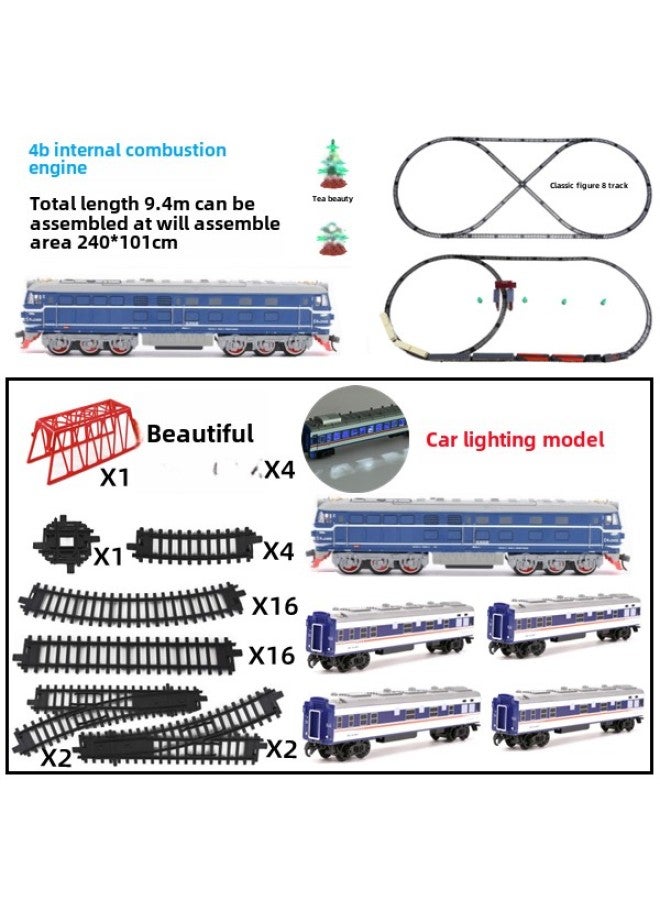 A18 Electric Green Leather Dongfeng 4B Internal Combustion Engine Train Track Luminous Carriage Toy High-speed Rail Train Suit Model-Color:Blue Cat Head + 9.4m Track + 4 Blue Passenger Car Lighting Model-Scale:Rechargeable Aa Battery - Image 1