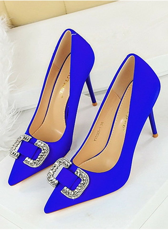 BIGTREE Women's Satin Closed Pointed Toe Stiletto Pump Rhinestone Square Buckle Decoration High Heels Blue 10 CM  - Image 1