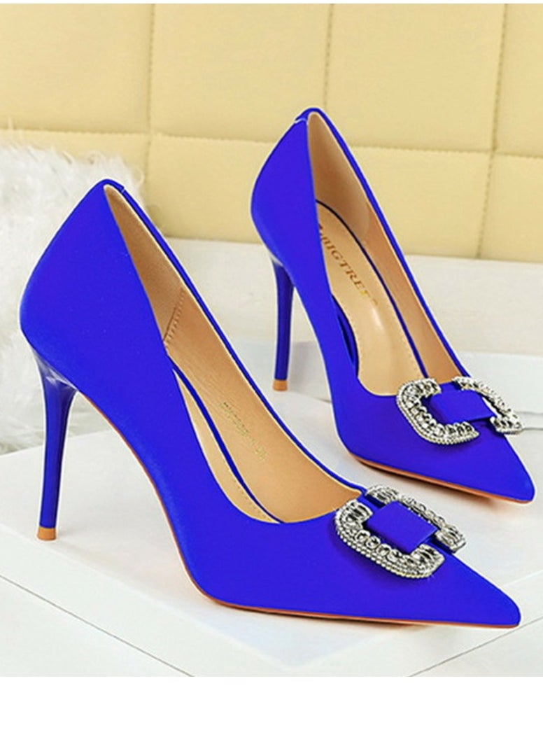 BIGTREE Women's Satin Closed Pointed Toe Stiletto Pump Rhinestone Square Buckle Decoration High Heels Blue 10 CM  - Image 2