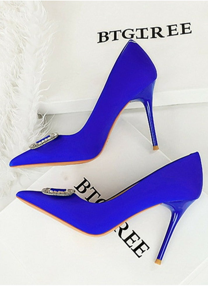 BIGTREE Women's Satin Closed Pointed Toe Stiletto Pump Rhinestone Square Buckle Decoration High Heels Blue 10 CM  - Image 3