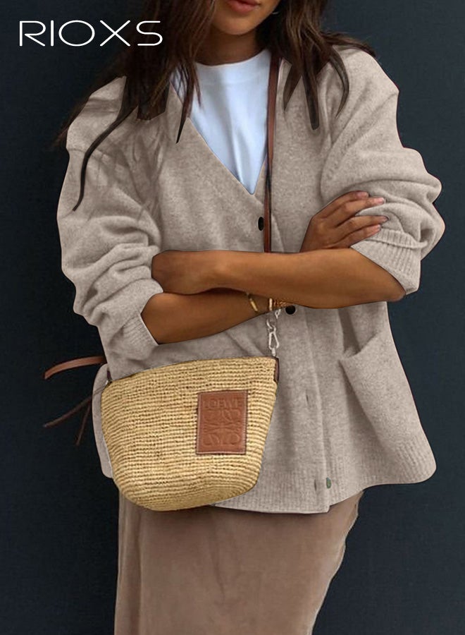 ريوكس سترات كارديغان نسائية، سترة كارديغان غير رسمية بأكمام طويلة وفتحة أمامية، سترة فضفاضة برقبة على شكل V وأزرار، معطف خفيف الوزن للسفر والمواعدة والارتداء اليومي، باللون البيج - Image 1