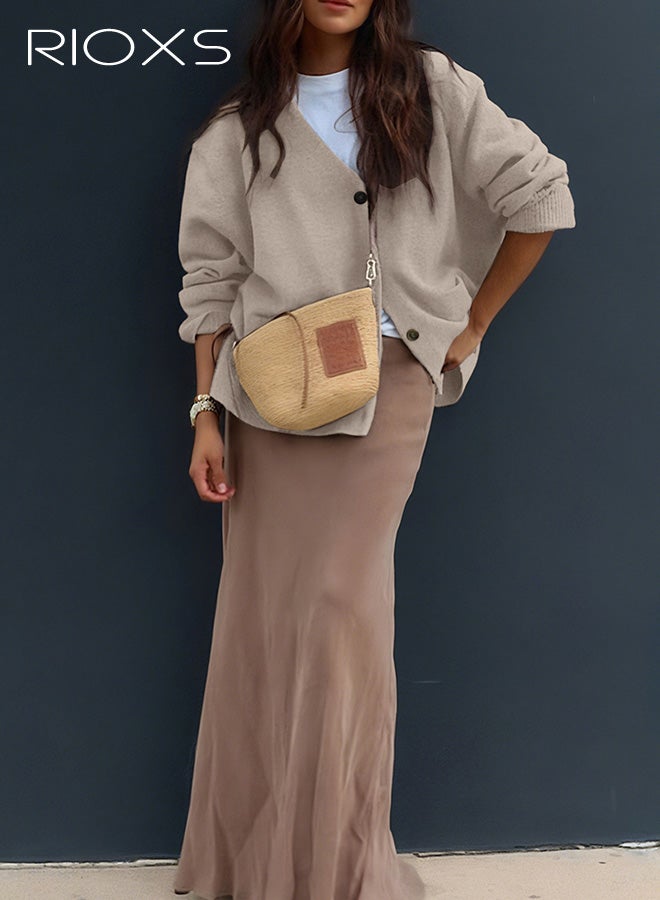 ريوكس سترات كارديغان نسائية، سترة كارديغان غير رسمية بأكمام طويلة وفتحة أمامية، سترة فضفاضة برقبة على شكل V وأزرار، معطف خفيف الوزن للسفر والمواعدة والارتداء اليومي، باللون البيج - Image 2