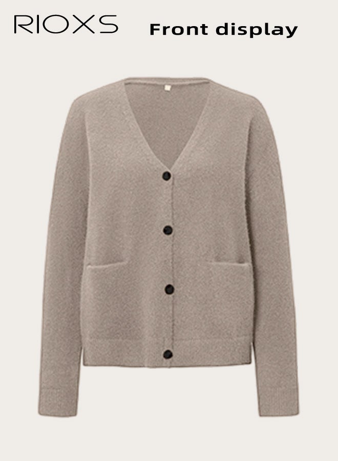 ريوكس سترات كارديغان نسائية، سترة كارديغان غير رسمية بأكمام طويلة وفتحة أمامية، سترة فضفاضة برقبة على شكل V وأزرار، معطف خفيف الوزن للسفر والمواعدة والارتداء اليومي، باللون البيج - Image 4