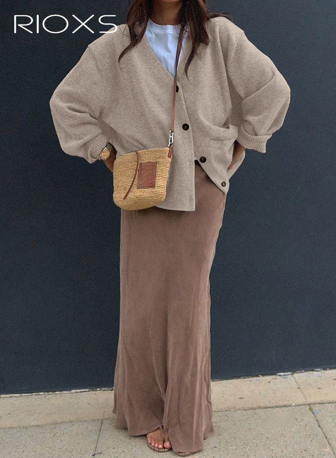 ريوكس سترات كارديغان نسائية، سترة كارديغان غير رسمية بأكمام طويلة وفتحة أمامية، سترة فضفاضة برقبة على شكل V وأزرار، معطف خفيف الوزن للسفر والمواعدة والارتداء اليومي، باللون البيج - Image 3