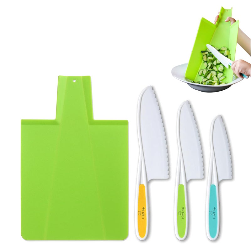 TOVLA JR. TOVLA JR. Kids Kitchen Montessori Knives and Foldable Cutting Board Set: Children's Safety Cooking Knives in 3 Sizes & Colors/Firm Grip  Serrated Edges  BPA-Free Kids' /Safe Lettuce Knives (Green)  - Image 1