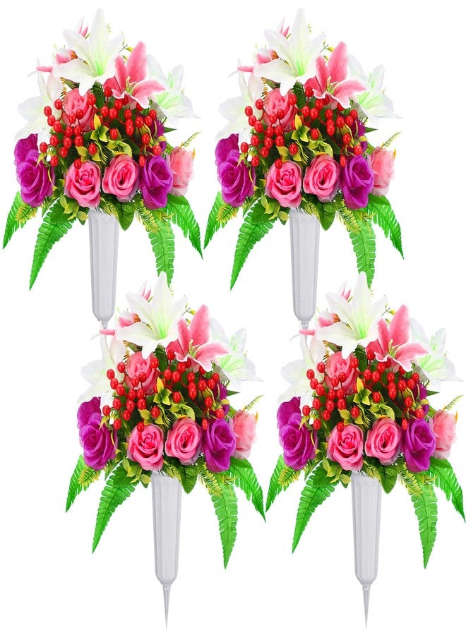 Daifunli 4 Sets Artificial Cemetery Flowers with Vase, Mother's Day Artificial Rose Lily Bouquet Graveyard Memorial Flowers for Cemetery Headstones Decoration - Image 1