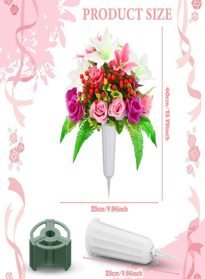 Daifunli 4 Sets Artificial Cemetery Flowers with Vase, Mother's Day Artificial Rose Lily Bouquet Graveyard Memorial Flowers for Cemetery Headstones Decoration - Image 2