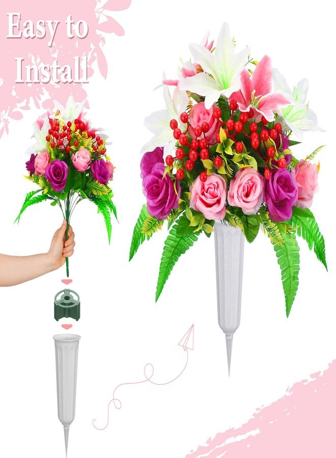Daifunli 4 Sets Artificial Cemetery Flowers with Vase, Mother's Day Artificial Rose Lily Bouquet Graveyard Memorial Flowers for Cemetery Headstones Decoration - Image 4