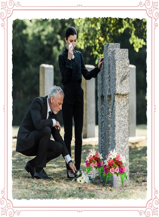 Daifunli 4 Sets Artificial Cemetery Flowers with Vase, Mother's Day Artificial Rose Lily Bouquet Graveyard Memorial Flowers for Cemetery Headstones Decoration - Image 5