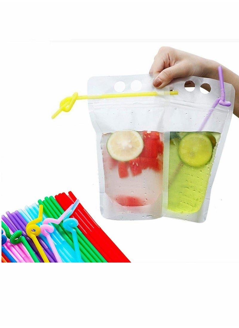 50 Pcs Drink Pouches with Straws Stand Up Hand Held Translucent Reclosable Heat Proof Plastic Zipper Juice Bags - 9.06 x 5.12/17 Oz  - Image 1