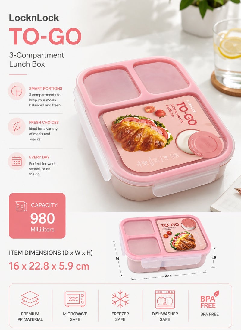 LocknLock To Go Lunchbox 980ml Pink - Leak-Proof, Compact, Microwave Safe - Image 4