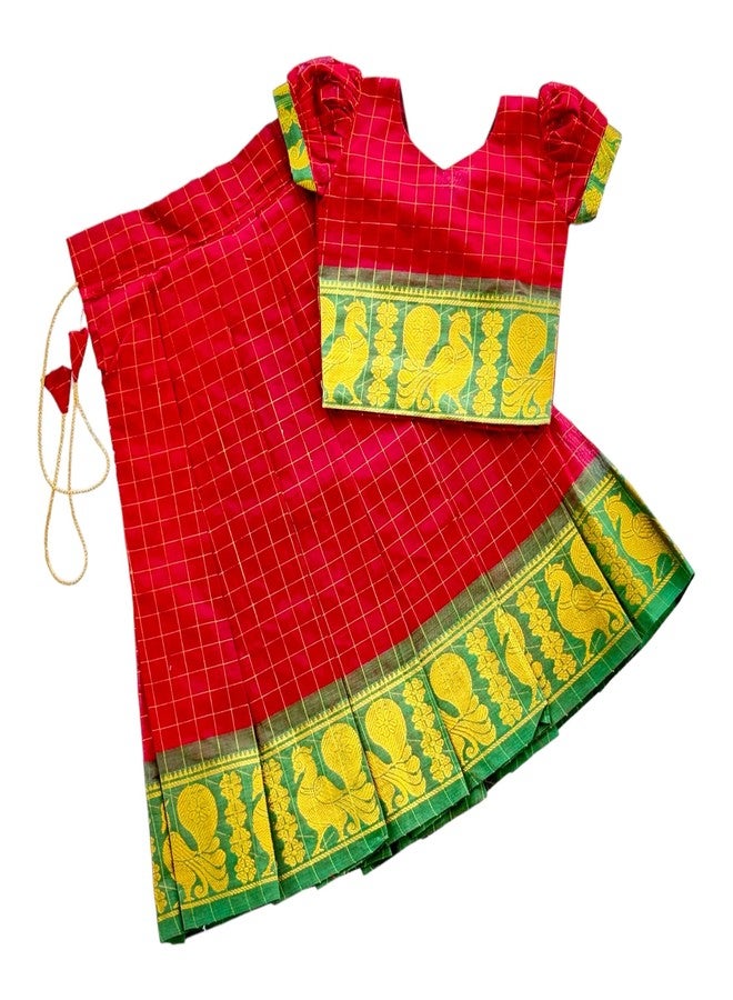 Picksparrow طقم ليهينغا تشولي قطني للأطفال من بيكسبارو (مربعات) (0-6 أشهر، أحمر) - Image 1