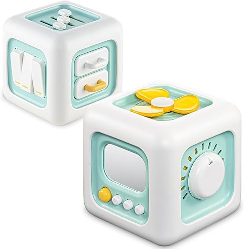 Brand Conquer Montessori Busy Cube for Toddlers 1-3,Car Travel Toys Busy Board Activity Cube,Learning Stocking Stuffers Educational Birthday Gifts Baby 12-18 Months (Fan Learning 6 in 1 Light Geen) - Image 1