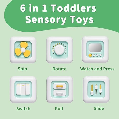 Brand Conquer Montessori Busy Cube for Toddlers 1-3,Car Travel Toys Busy Board Activity Cube,Learning Stocking Stuffers Educational Birthday Gifts Baby 12-18 Months (Fan Learning 6 in 1 Light Geen) - Image 2
