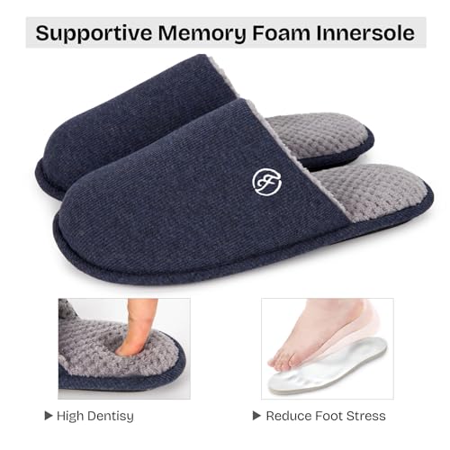 EverFoams Men's Cotton Knit Slippers Lightweight Memory Foam Indoor House Shoes with Anti-Skid Sole (9-10 M US, Navy Blue) - Image 4