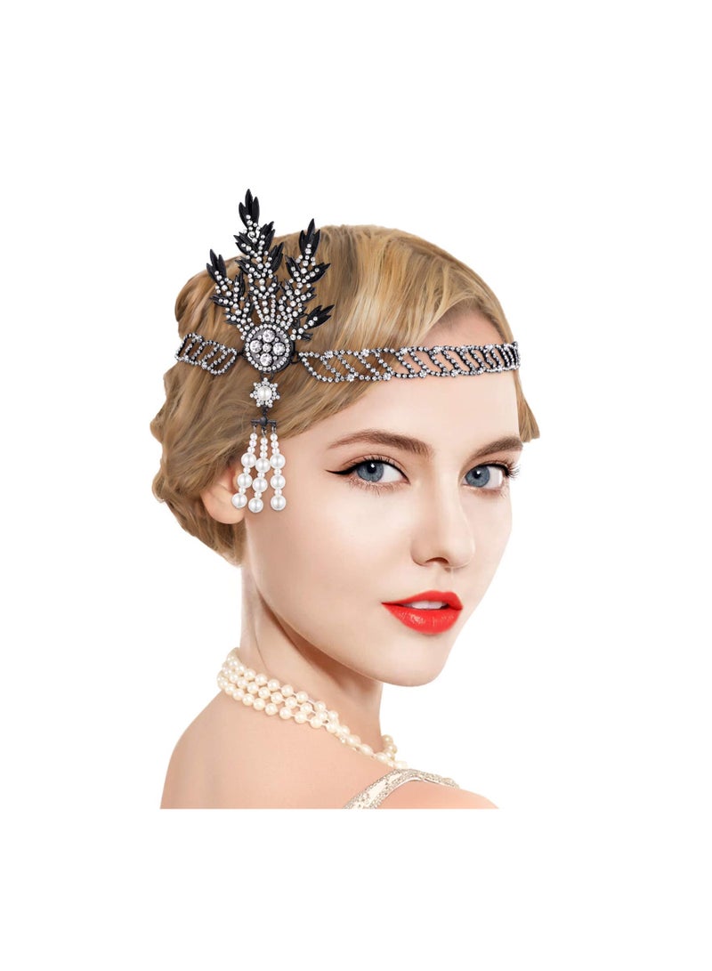 SOLARAE Wedding Headpiece Vintage, 1920s Headband Rhinestone Pearl Leaf, 20s Hair Accessories, for Wedding Prom Retro Pageant Themed Party, Halloween Dress Up Parties, A Wonderful Gift(1 Pack) - Image 5