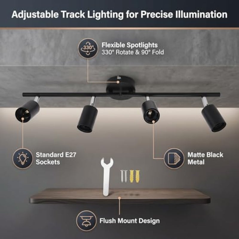 Ceiling light fixture with 4 adjustable dimmable spotlights, black metal finish, for bedroom kitchen and commercial use - Image 4
