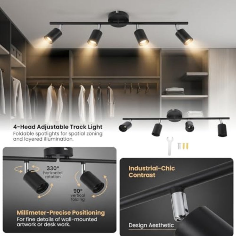 Ceiling light fixture with 4 adjustable dimmable spotlights, black metal finish, for bedroom kitchen and commercial use - Image 3
