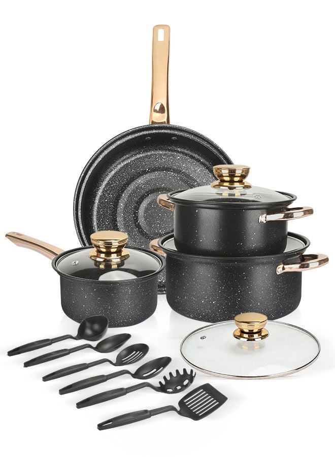 14 Pieces Non Stick High-Quality Medical Stone Cookware Set, Non-Stick Surface, Heat Resistant Gold Handle, Pyrex Tempered Glass Lids, casserole set and frying pan, PFOA Free, Compatible with Multiple Hobs like Gas, Electric, Ceramic, Halogen, Black - Image 1