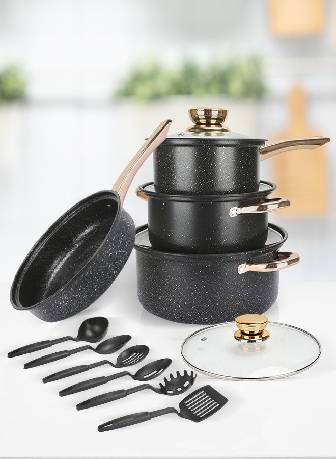 14 Pieces Non Stick High-Quality Medical Stone Cookware Set, Non-Stick Surface, Heat Resistant Gold Handle, Pyrex Tempered Glass Lids, casserole set and frying pan, PFOA Free, Compatible with Multiple Hobs like Gas, Electric, Ceramic, Halogen, Black - Image 2