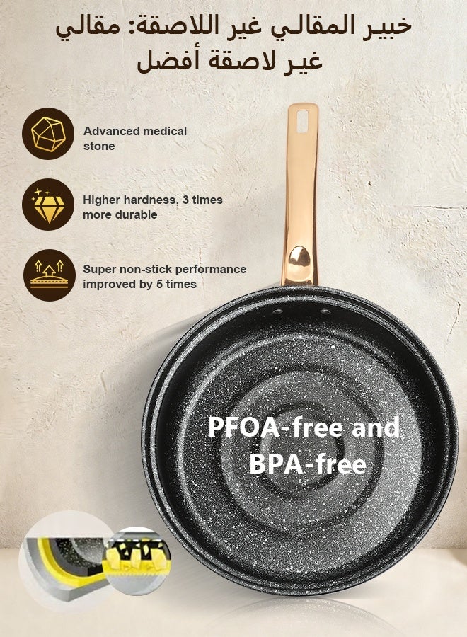 14 Pieces Non Stick High-Quality Medical Stone Cookware Set, Non-Stick Surface, Heat Resistant Gold Handle, Pyrex Tempered Glass Lids, casserole set and frying pan, PFOA Free, Compatible with Multiple Hobs like Gas, Electric, Ceramic, Halogen, Black - Image 3