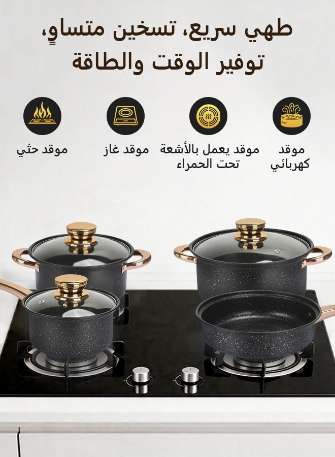 14 Pieces Non Stick High-Quality Medical Stone Cookware Set, Non-Stick Surface, Heat Resistant Gold Handle, Pyrex Tempered Glass Lids, casserole set and frying pan, PFOA Free, Compatible with Multiple Hobs like Gas, Electric, Ceramic, Halogen, Black - Image 5