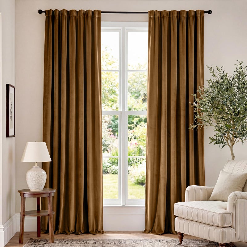 Lazzzy Velvet Blackout Curtains Thermal Insulated Room Window Drapes Super Soft Luxury Curtains for Living Room Bedroom Rod Pocket 2 Panels, Gold Brown, 52" W x 96" L - Image 1