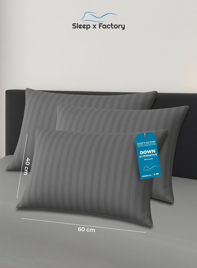 Sleep x Factory Grey Striped Hotel-Style Pillows – 3-Pack – 60×40 cm – Microfiber Outer Fabric & Filling – Ultra Soft & Supportive  - Image 1