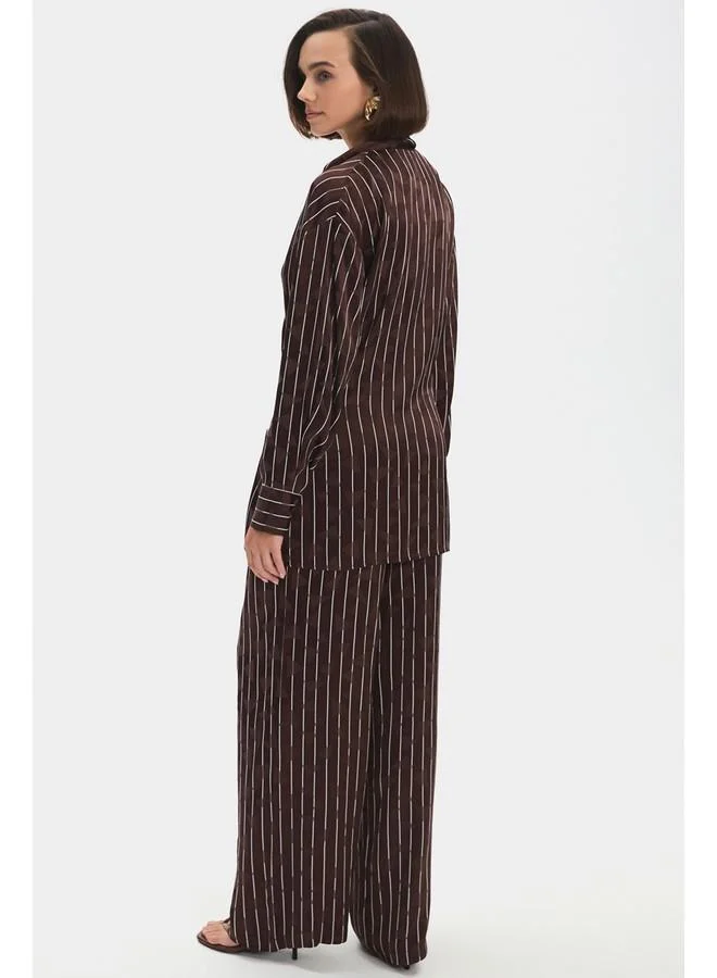 JUNE June Women Viscose Blend Double Breasted Closure Tie Detail Striped Shirt Trouser Set Brown