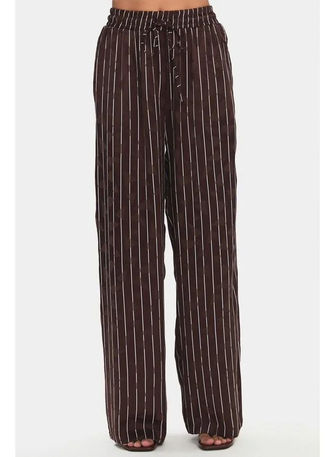 JUNE June Women Viscose Blend Double Breasted Closure Tie Detail Striped Shirt Trouser Set Brown