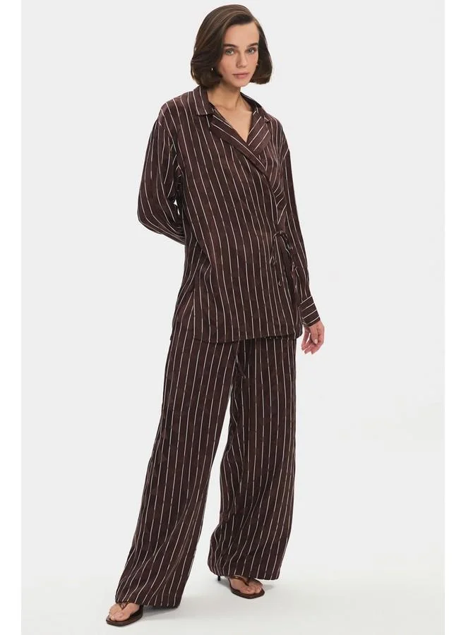 JUNE June Women Viscose Blend Double Breasted Closure Tie Detail Striped Shirt Trouser Set Brown