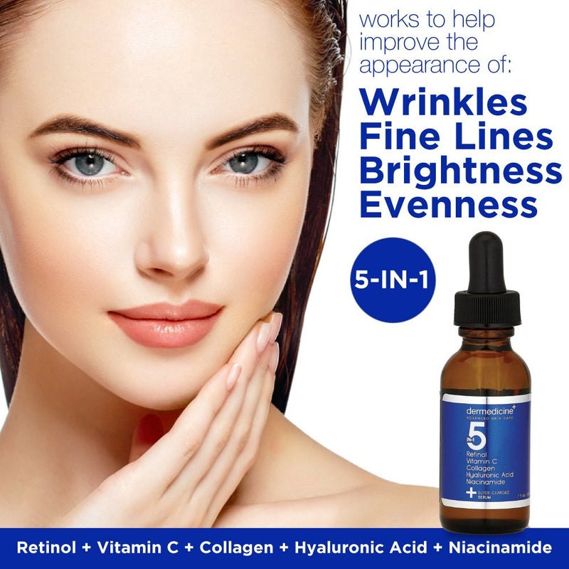 Dermedicine 5 in 1 Potent Face Serum with Retinol, Vitamin C, Collagen, Hyaluronic Acid, Niacinamide | May Help Improve Appearance of Fine Lines and Reduce Appearance of Dark Spots | 1 fl oz / 30 ml - Image 1