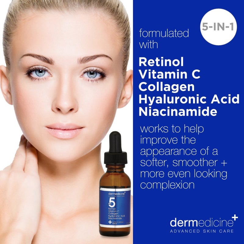Dermedicine 5 in 1 Potent Face Serum with Retinol, Vitamin C, Collagen, Hyaluronic Acid, Niacinamide | May Help Improve Appearance of Fine Lines and Reduce Appearance of Dark Spots | 1 fl oz / 30 ml - Image 2