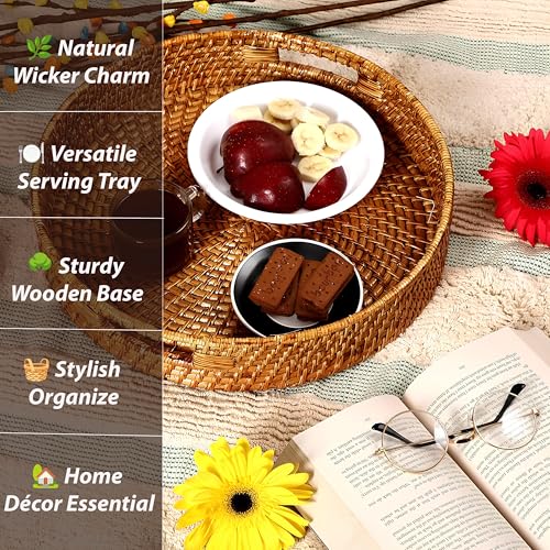 AKWAY Round Wicker Basket | Tray Wooden Serving Tray for Home | Tray for Party Guests | Round Platter with Handles Diwali or Deepawali Gifts (15W x 15 L x 3H inch) (Brown) - Image 5