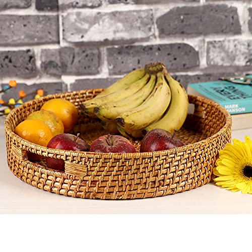 AKWAY Round Wicker Basket | Tray Wooden Serving Tray for Home | Tray for Party Guests | Round Platter with Handles Diwali or Deepawali Gifts (15W x 15 L x 3H inch) (Brown) - Image 3