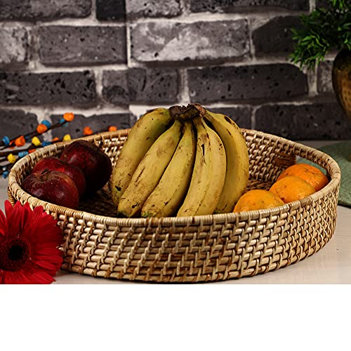 AKWAY Round Wicker Basket | Tray Wooden Serving Tray for Home | Tray for Party Guests | Round Platter with Handles Diwali or Deepawali Gifts (15W x 15 L x 3H inch) (Brown) - Image 4